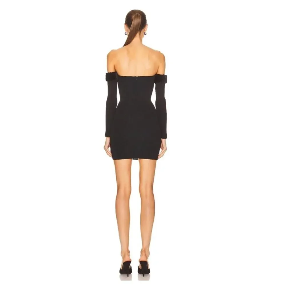 Staud Josee Fur Off The Shoulder Minidress in Black M